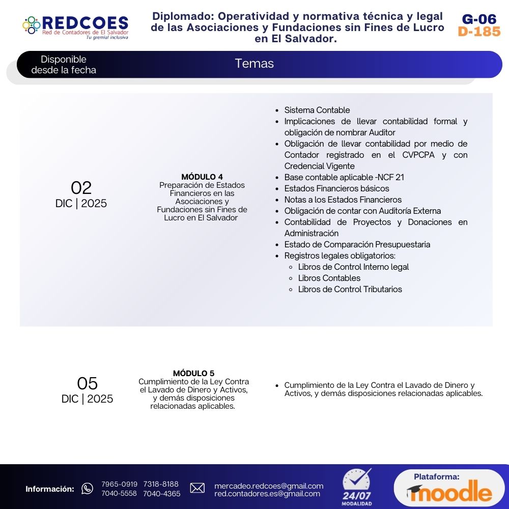 299-2025 I Diplomado Operatividad y normativa técnica y legal de las Asociaciones y Fundaciones sin Fines de Lucro en El Salvador. G-6 - Imagen 3