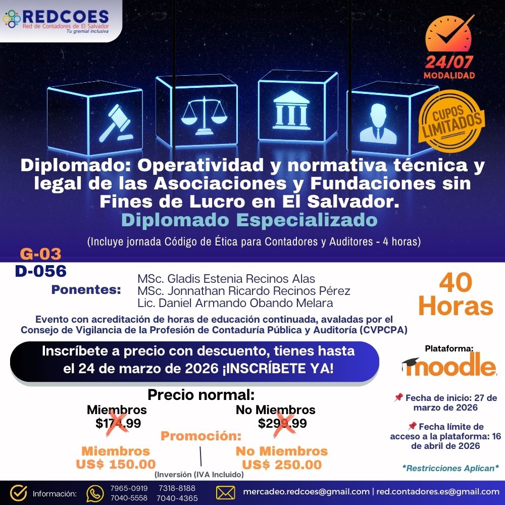 073-2026 I Diplomado Operatividad y normativa técnica y legal de las Asociaciones y Fundaciones sin Fines de Lucro en El Salvador. G-3