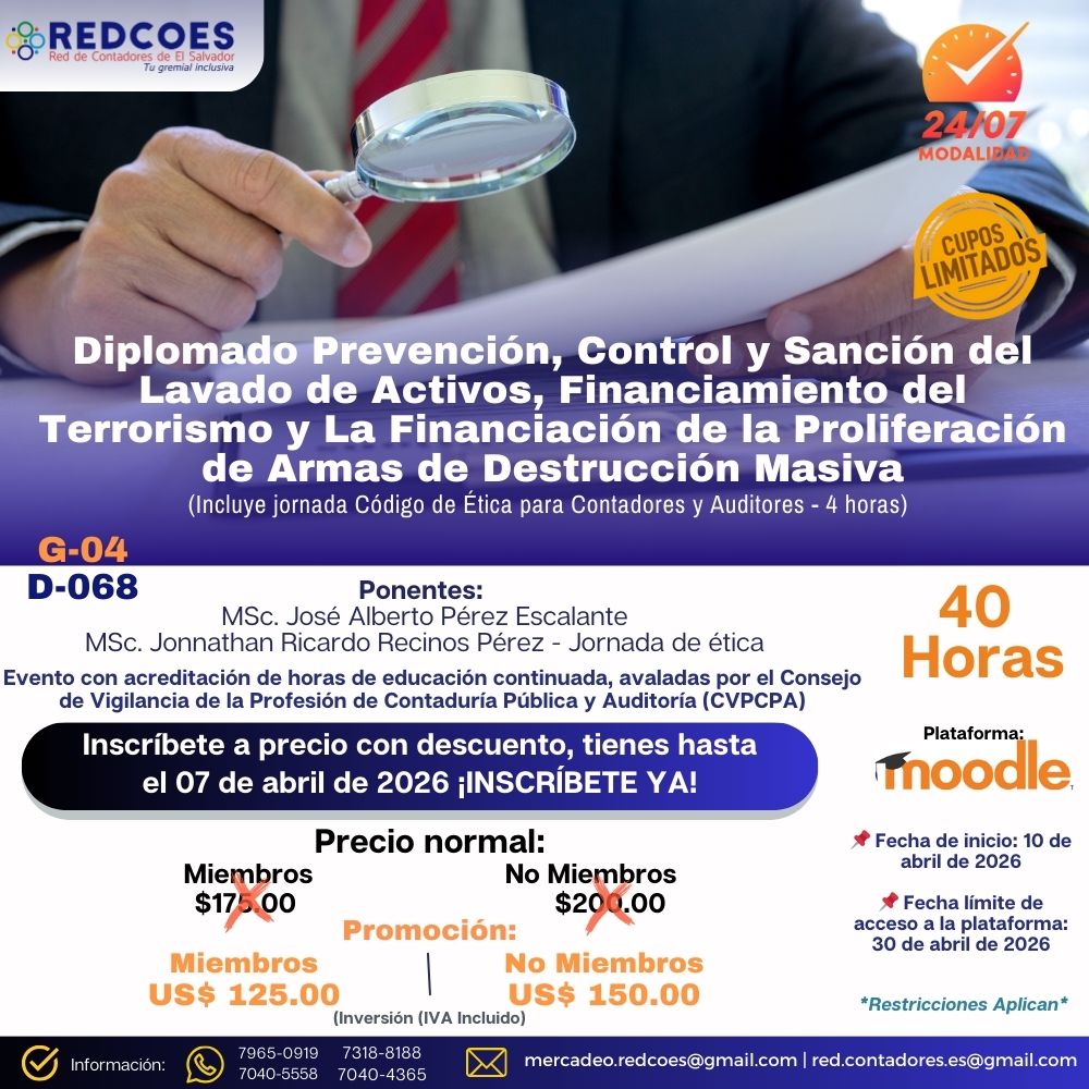 087-2026 I Diplomado Prevenciòn, control y Sanciòn del Lavado de Activos, Financiamiento del Terrorismo y la Financiacion de la Proliferaciòn de Armas de Destrucciòn Masiva 04-2026