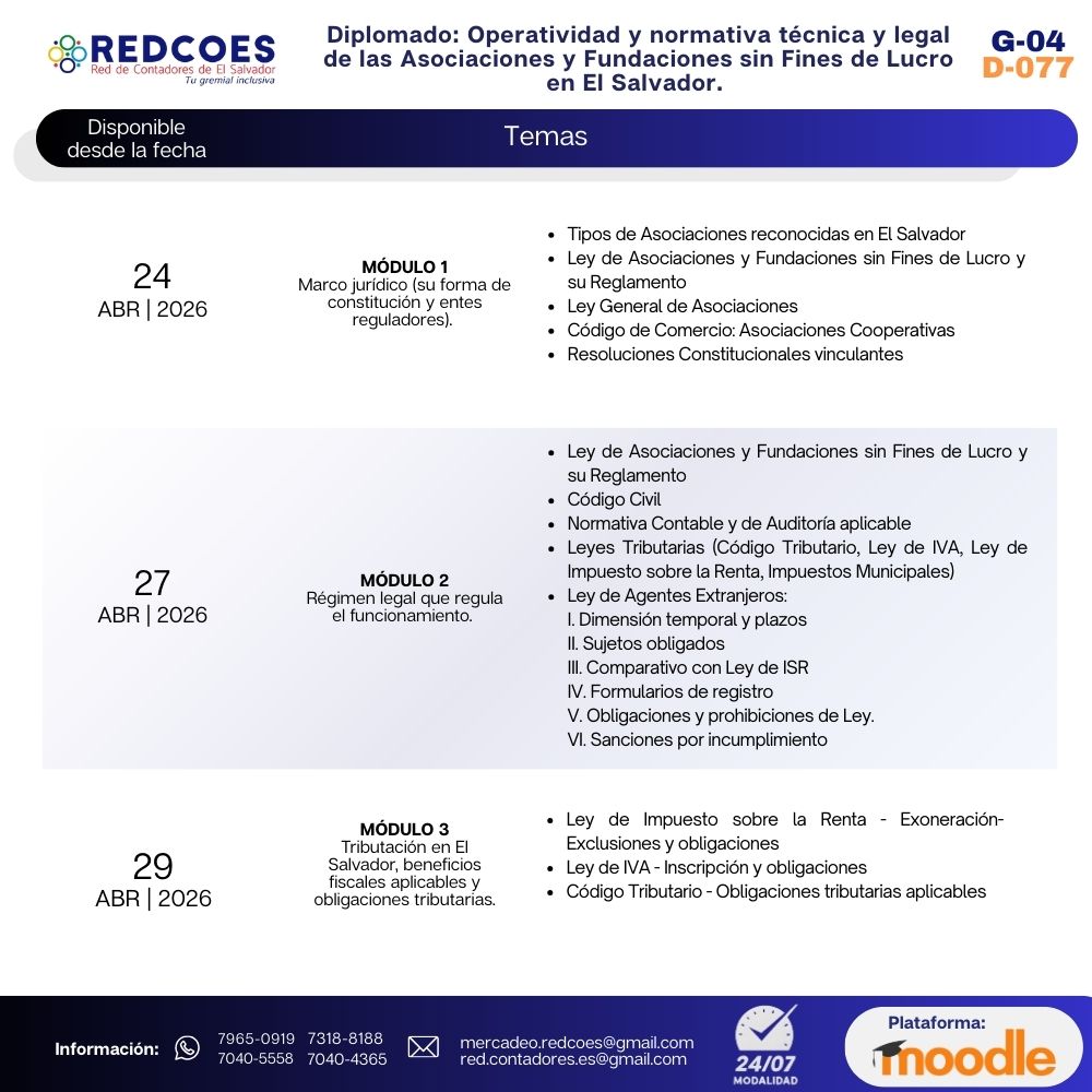 096-2026 I Diplomado Operatividad y normativa técnica y legal de las Asociaciones y Fundaciones sin Fines de Lucro en El Salvador. G-4 - Imagen 2