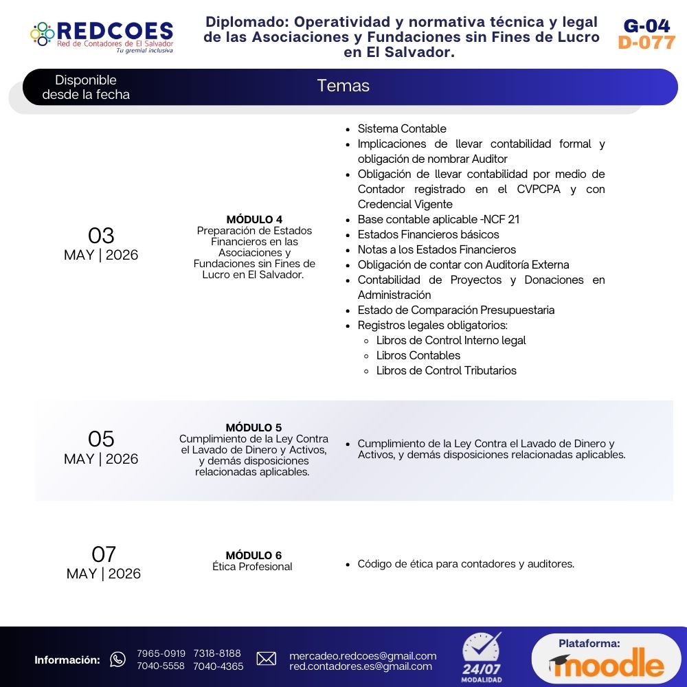 096-2026 I Diplomado Operatividad y normativa técnica y legal de las Asociaciones y Fundaciones sin Fines de Lucro en El Salvador. G-4 - Imagen 3