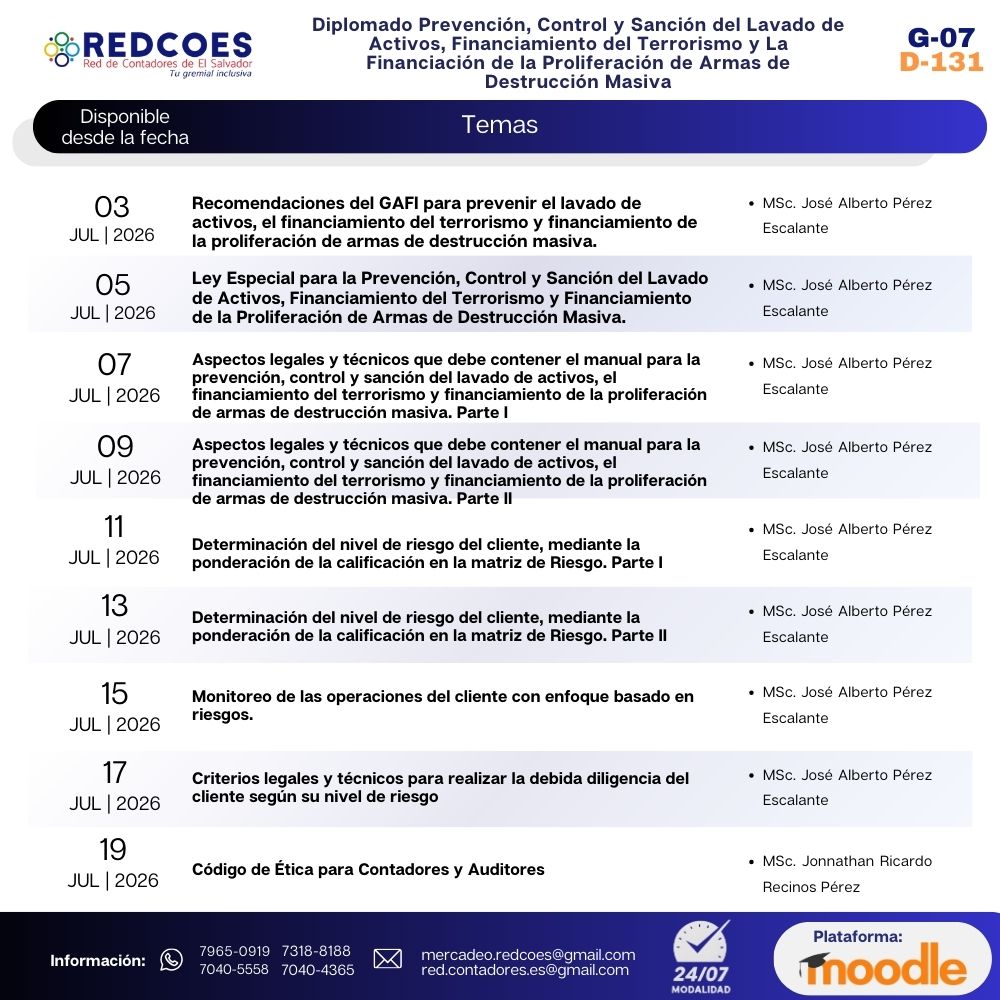 169-2026 I Diplomado Prevención, Control y Sanción del Lavado de Activos, Financiamiento del Terrorismo y la Financiación de la Proliferación de Armas de Destrucción Masiva G 07-2026 - Imagen 2