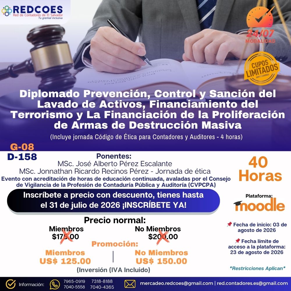 192-2026 | Diplomado Prevención, Control y Sanción del Lavado de Activos, Financiamiento del Terrorismo y la Financiación de la Proliferación de Armas de Destrucción Masiva | G-08