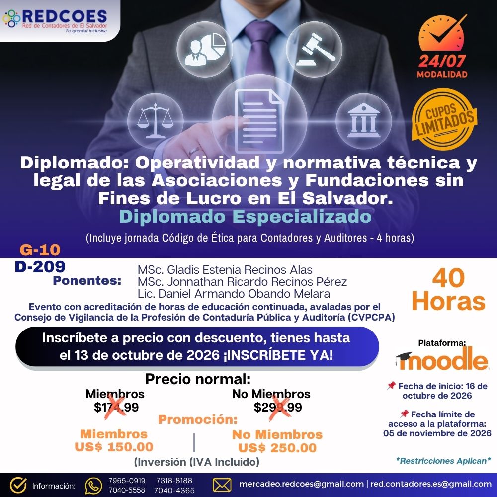 225-2026 | Diplomado Operatividad y normativa técnica y legal de las Asociaciones y Fundaciones sin Fines de Lucro en El Salvador | G-09