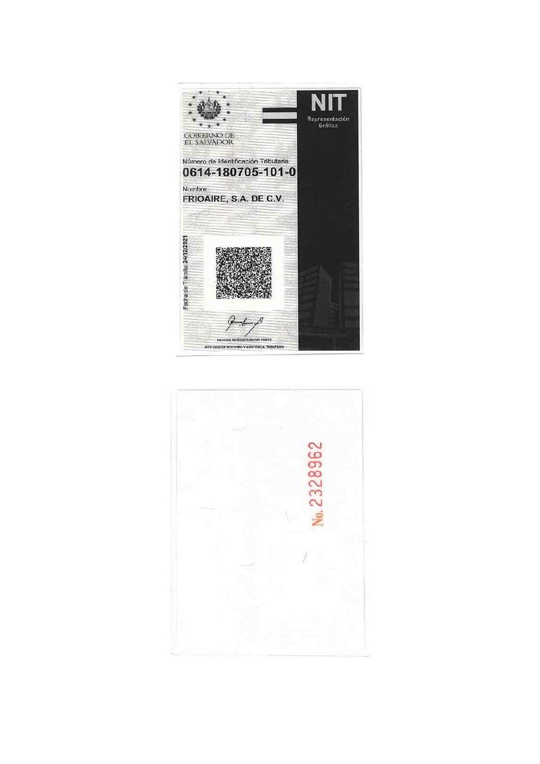 NIT HOMOLOGADO FRIOAIRE