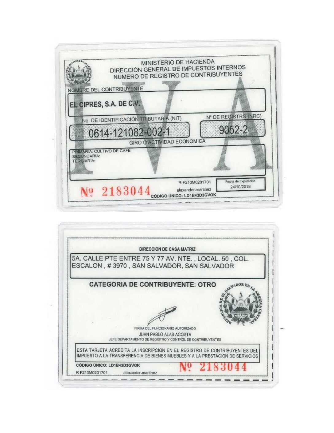 TARJETA NCR EL CIPRES