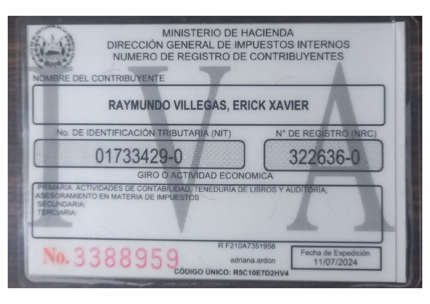 Tarjeta IVA EXRV completo