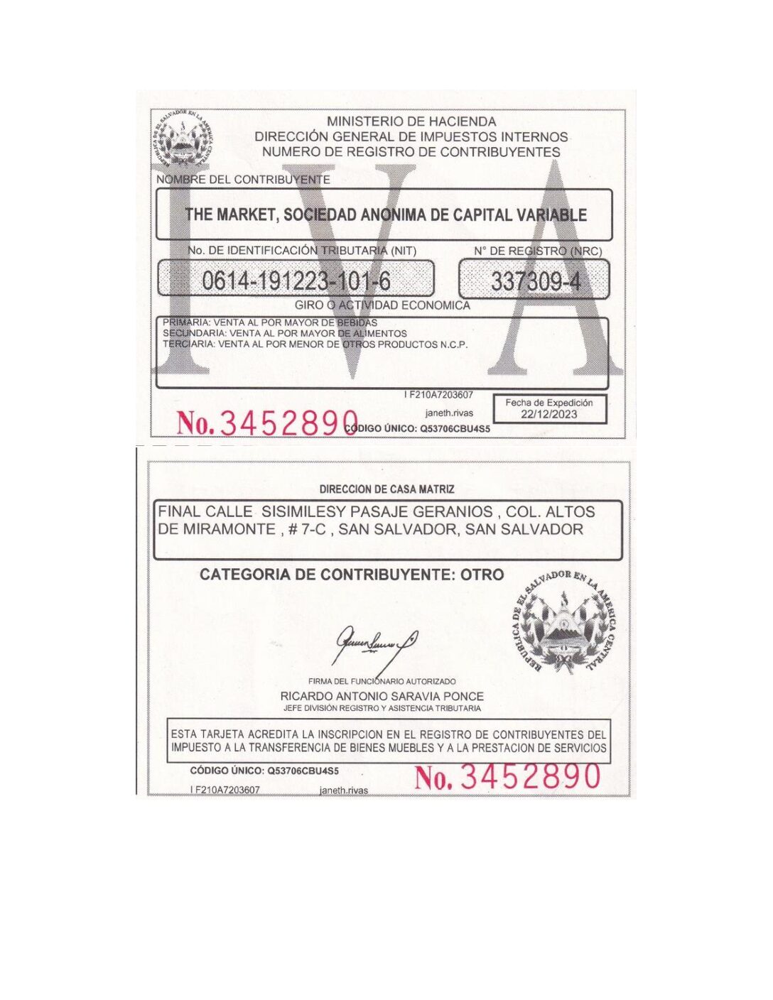 Tarjeta NRC IVA THE MARKET SA DE CV